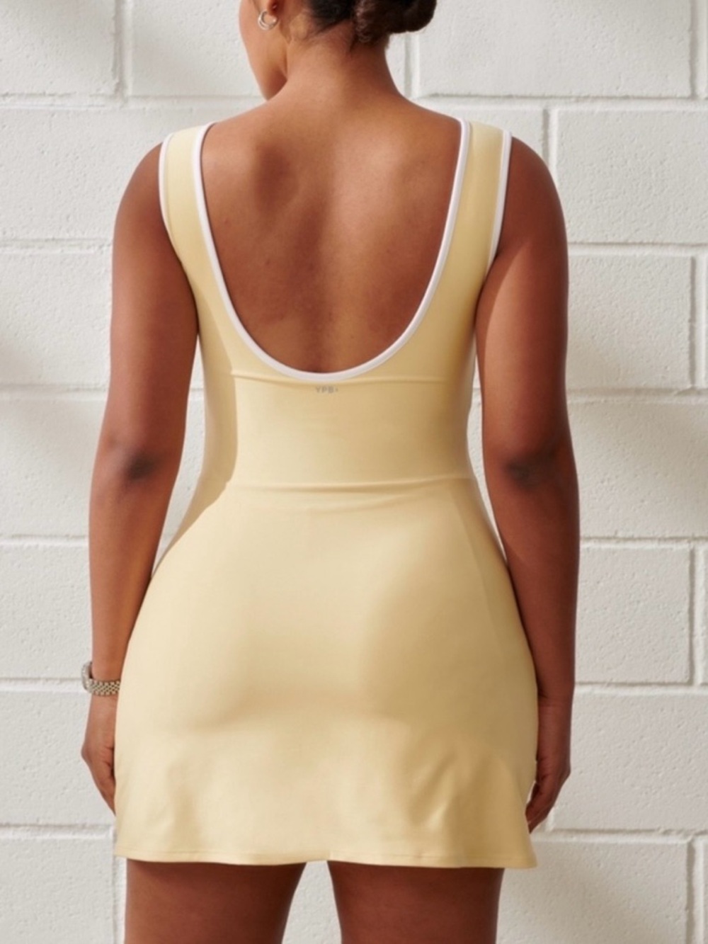 Backless Tank Mini Dress in Pale Yellow with White Trim